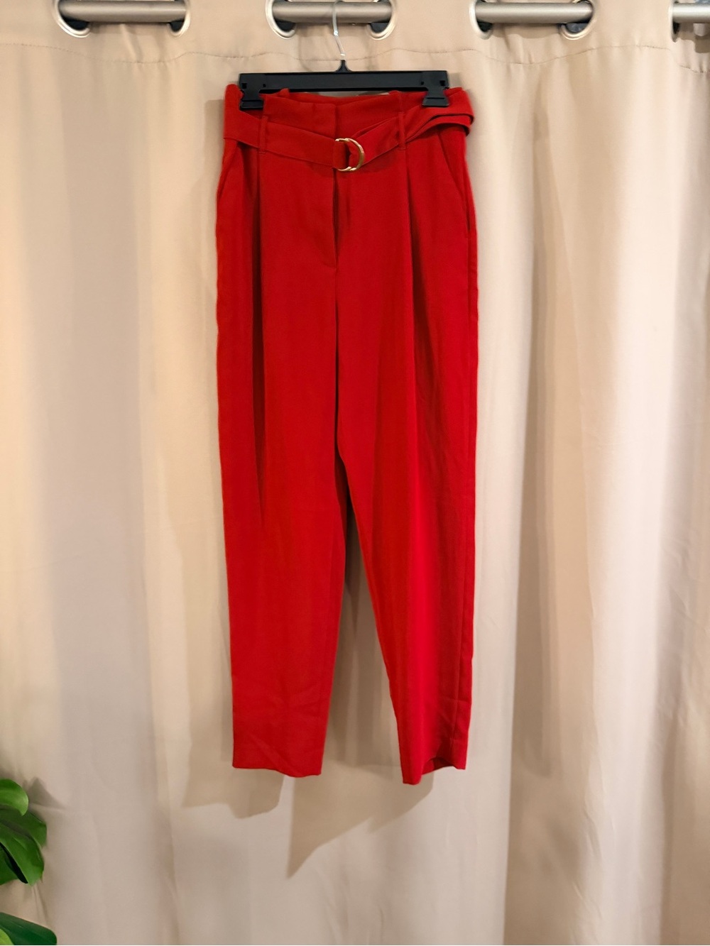 H&M Red High-Waist Tapered Pants with Belt